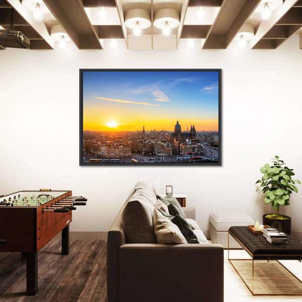 Sunset Cityscape In Skyline Of Amsterdam Canvas Wall Art-3 Horizontal-Gallery Wrap-25" x 16"-Tiaracle