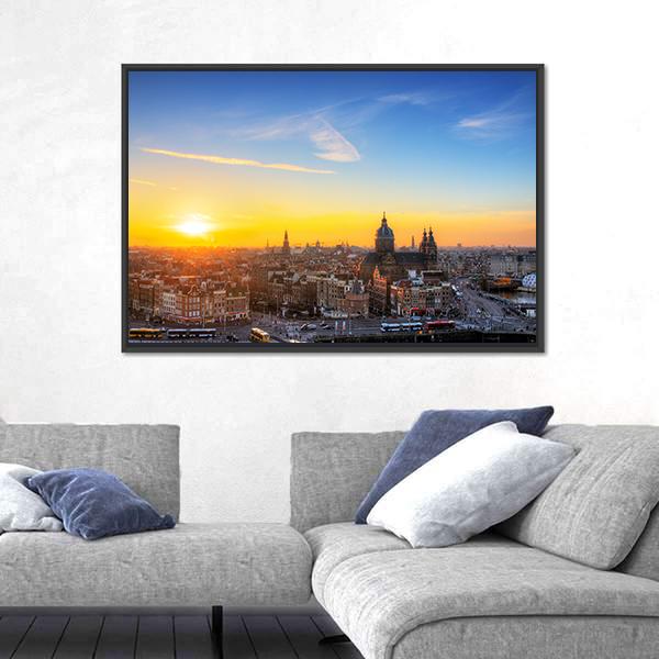 Sunset Cityscape In Skyline Of Amsterdam Canvas Wall Art-3 Horizontal-Gallery Wrap-25" x 16"-Tiaracle
