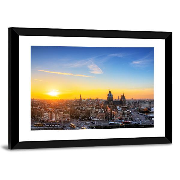 Sunset Cityscape In Skyline Of Amsterdam Canvas Wall Art-3 Horizontal-Gallery Wrap-25" x 16"-Tiaracle