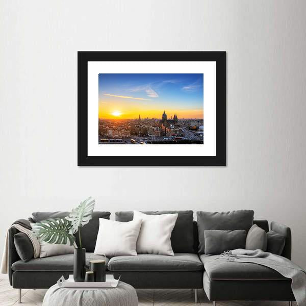 Sunset Cityscape In Skyline Of Amsterdam Canvas Wall Art-3 Horizontal-Gallery Wrap-25" x 16"-Tiaracle