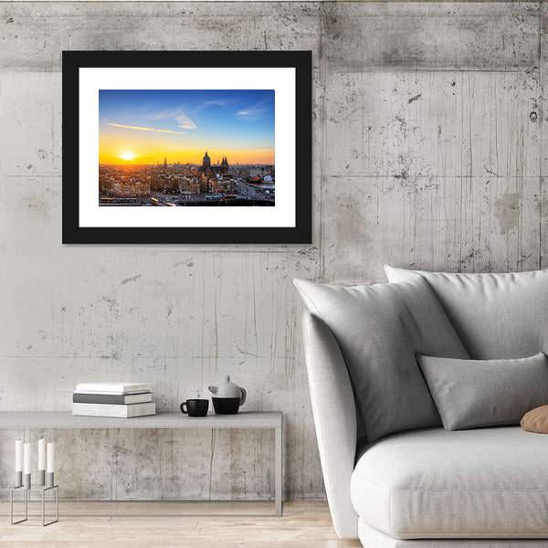 Sunset Cityscape In Skyline Of Amsterdam Canvas Wall Art-3 Horizontal-Gallery Wrap-25" x 16"-Tiaracle