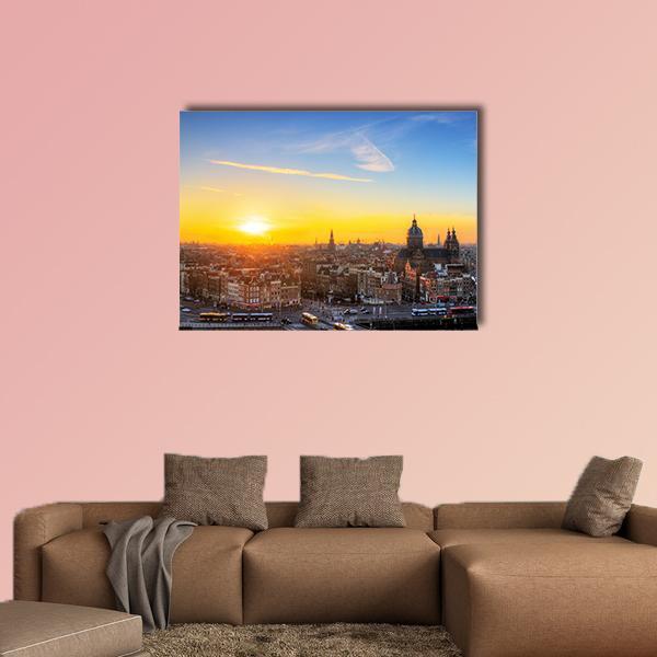 Sunset Cityscape In Skyline Of Amsterdam Canvas Wall Art-1 Piece-Gallery Wrap-48" x 32"-Tiaracle