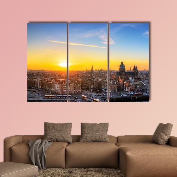 Sunset Cityscape In Skyline Of Amsterdam Canvas Wall Art-3 Horizontal-Gallery Wrap-37" x 24"-Tiaracle