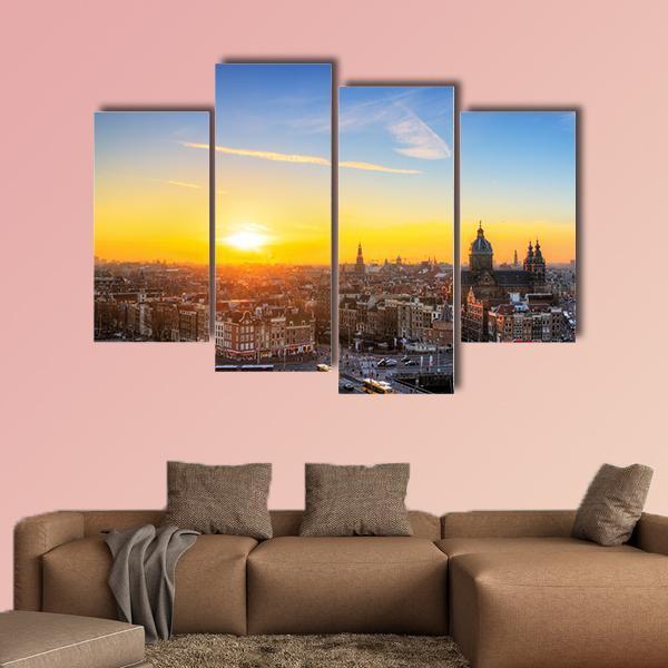 Sunset Cityscape In Skyline Of Amsterdam Canvas Wall Art-4 Pop-Gallery Wrap-50" x 32"-Tiaracle