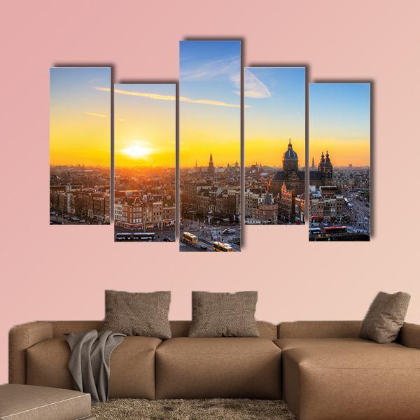 Sunset Cityscape In Skyline Of Amsterdam Canvas Wall Art-5 Pop-Gallery Wrap-47" x 32"-Tiaracle
