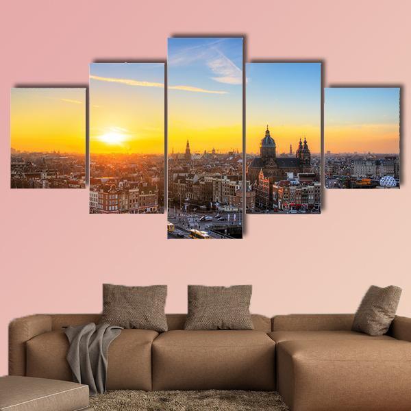 Sunset Cityscape In Skyline Of Amsterdam Canvas Wall Art-5 Star-Gallery Wrap-62" x 32"-Tiaracle