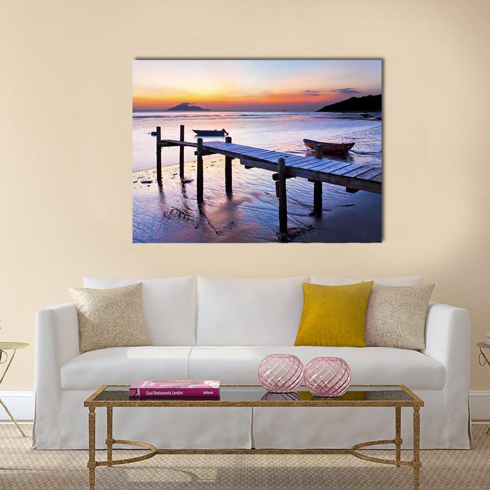 Sunset Coast At Wooden Pier Canvas Wall Art-1 Piece-Gallery Wrap-48" x 32"-Tiaracle