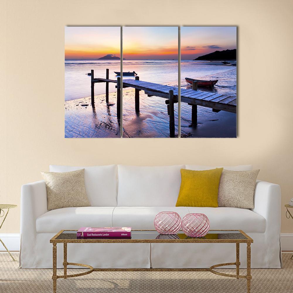 Sunset Coast At Wooden Pier Canvas Wall Art-3 Horizontal-Gallery Wrap-37" x 24"-Tiaracle