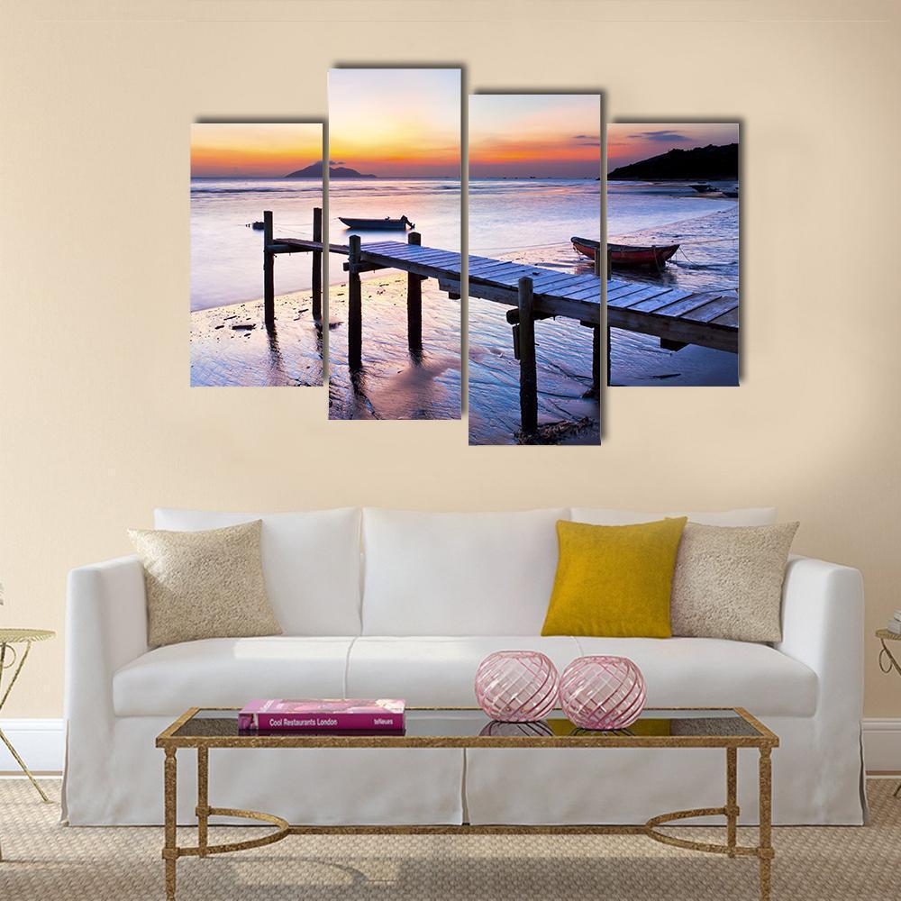 Sunset Coast At Wooden Pier Canvas Wall Art-4 Pop-Gallery Wrap-50" x 32"-Tiaracle
