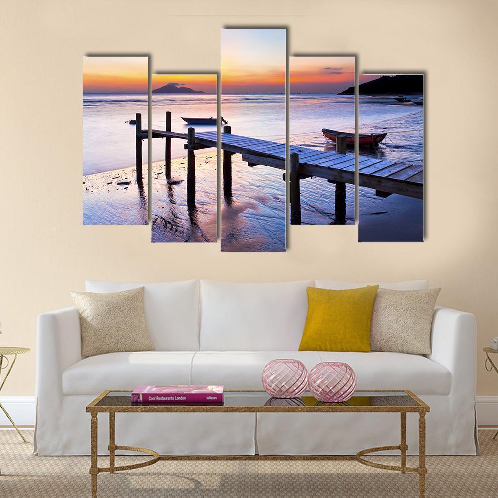 Sunset Coast At Wooden Pier Canvas Wall Art-5 Pop-Gallery Wrap-47" x 32"-Tiaracle