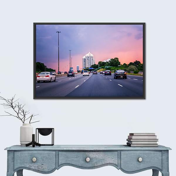Sunset Evening In Typical Busy American City Canvas Wall Art-1 Piece-Floating Frame-24" x 16"-Tiaracle