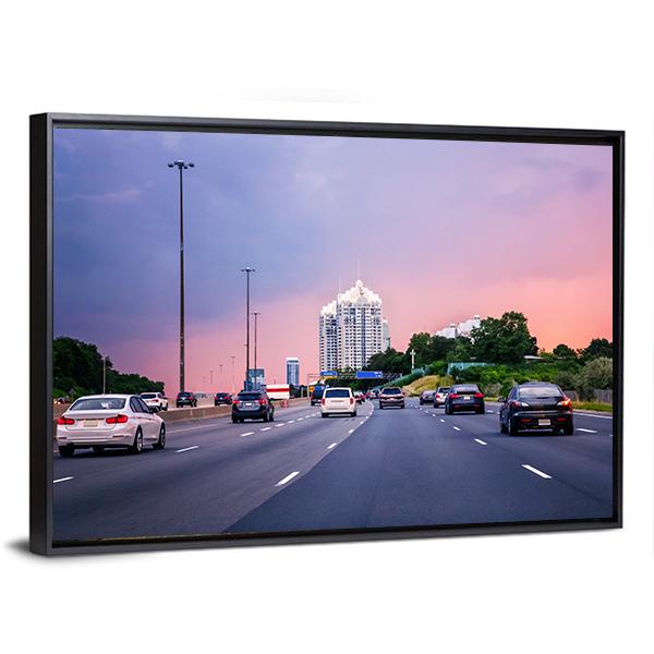Sunset Evening In Typical Busy American City Canvas Wall Art-3 Horizontal-Gallery Wrap-25" x 16"-Tiaracle