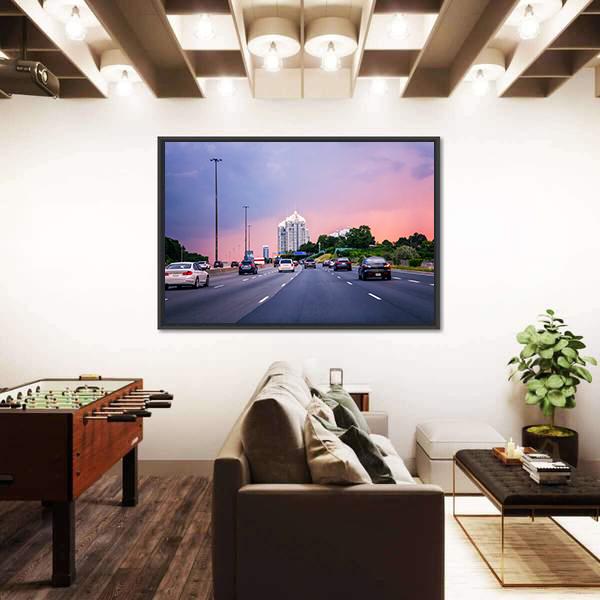 Sunset Evening In Typical Busy American City Canvas Wall Art-3 Horizontal-Gallery Wrap-25" x 16"-Tiaracle