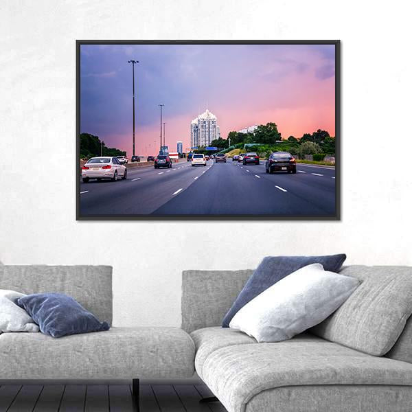 Sunset Evening In Typical Busy American City Canvas Wall Art-3 Horizontal-Gallery Wrap-25" x 16"-Tiaracle
