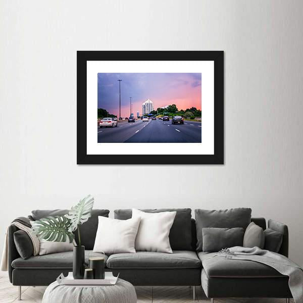 Sunset Evening In Typical Busy American City Canvas Wall Art-3 Horizontal-Gallery Wrap-25" x 16"-Tiaracle