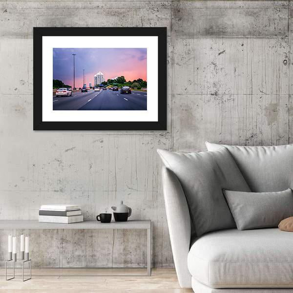 Sunset Evening In Typical Busy American City Canvas Wall Art-3 Horizontal-Gallery Wrap-25" x 16"-Tiaracle