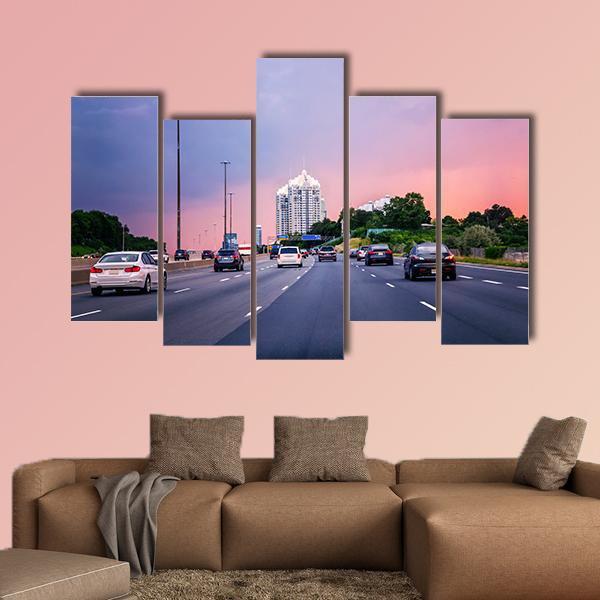 Sunset Evening In Typical Busy American City Canvas Wall Art-5 Pop-Gallery Wrap-47" x 32"-Tiaracle