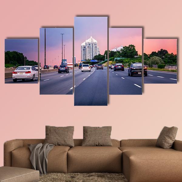 Sunset Evening In Typical Busy American City Canvas Wall Art-5 Star-Gallery Wrap-62" x 32"-Tiaracle