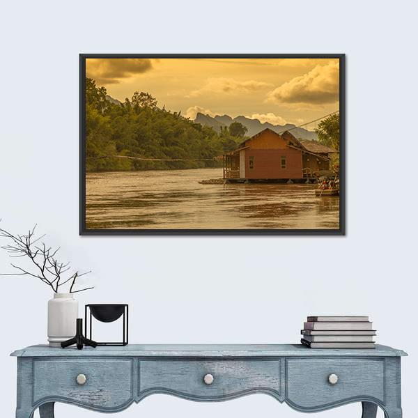Sunset In Kwai River Canvas Wall Art-1 Piece-Floating Frame-24" x 16"-Tiaracle