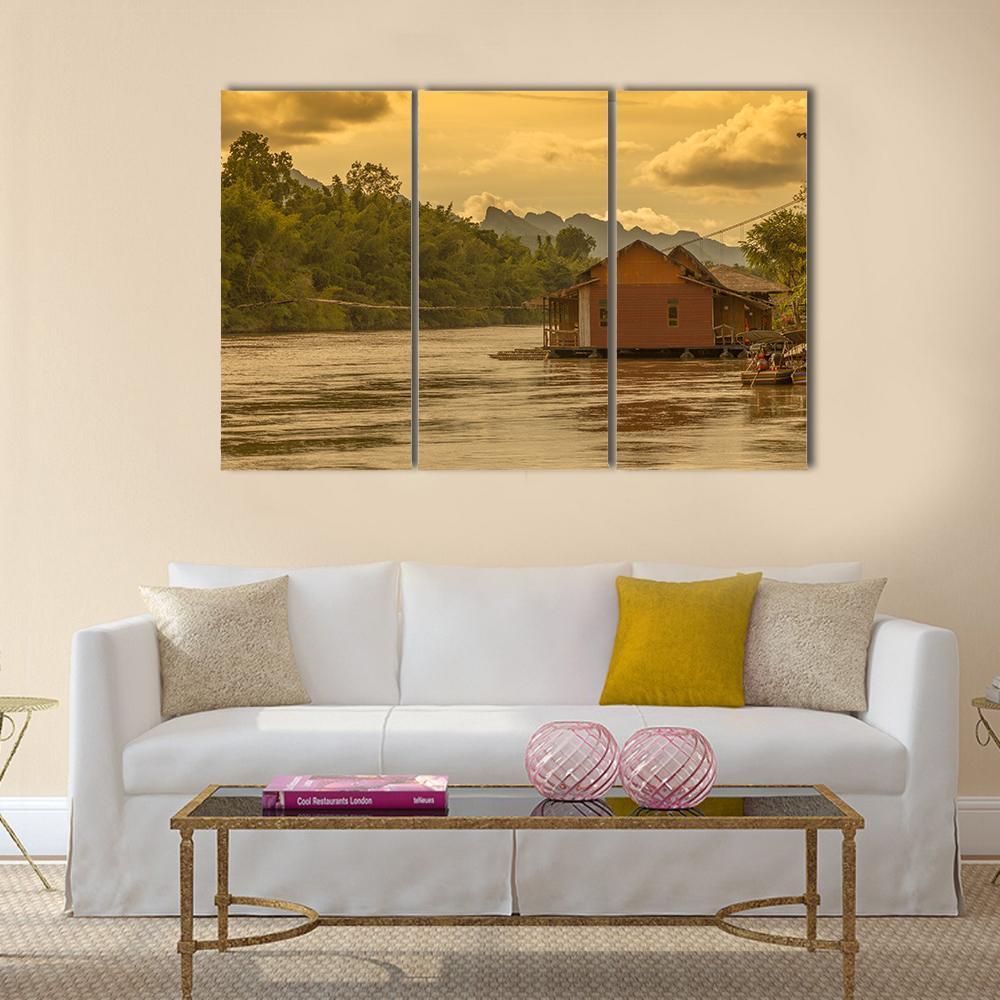 Sunset In Kwai River Canvas Wall Art-3 Horizontal-Gallery Wrap-37" x 24"-Tiaracle