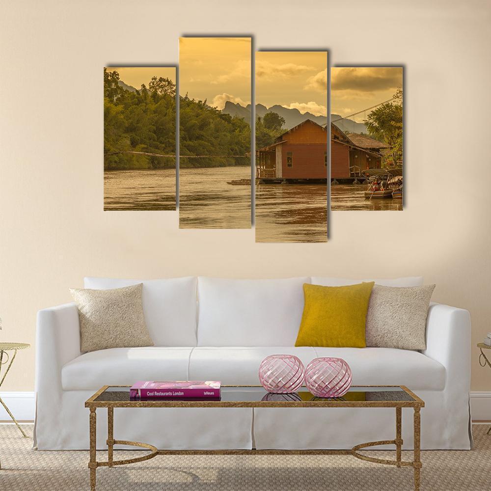Sunset In Kwai River Canvas Wall Art-4 Pop-Gallery Wrap-50" x 32"-Tiaracle