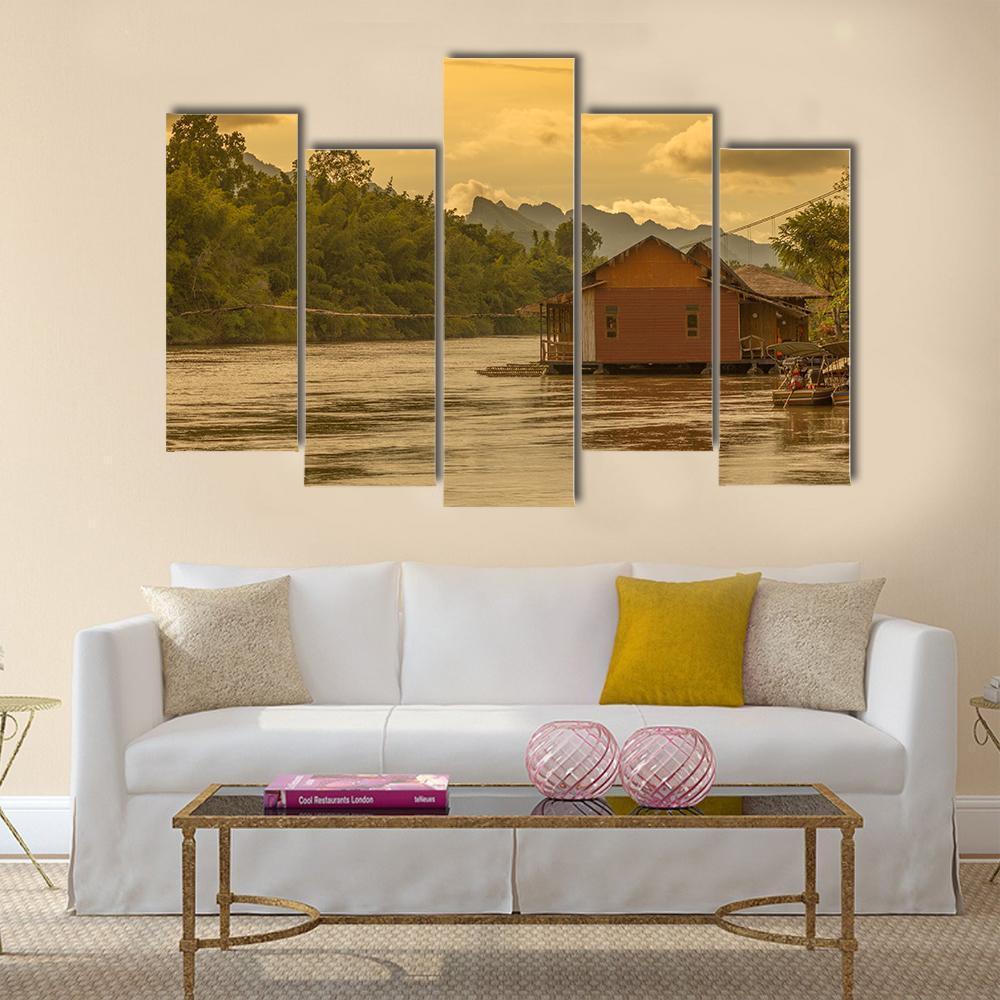 Sunset In Kwai River Canvas Wall Art-5 Pop-Gallery Wrap-47" x 32"-Tiaracle
