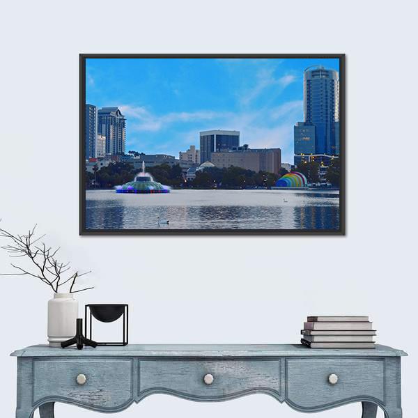 Sunset In Lake Eola Park Canvas Wall Art-1 Piece-Floating Frame-24" x 16"-Tiaracle