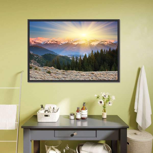 Snow-capped Mountain Sunrise with Pine Forest Canvas Wall Art in yellow, green and blue, framed canvas, product view on a white background