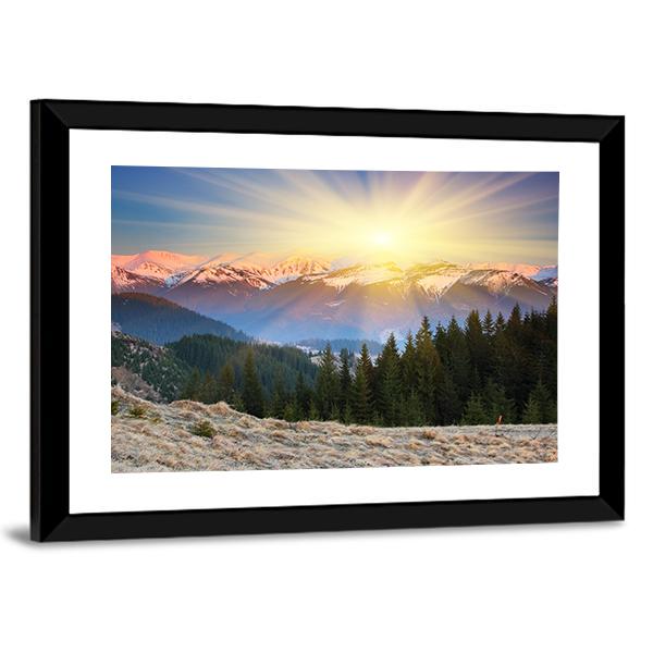 Sunset In Mountain Landscape Canvas Wall Art-1 Piece-Framed Print-20" x 16"-Tiaracle