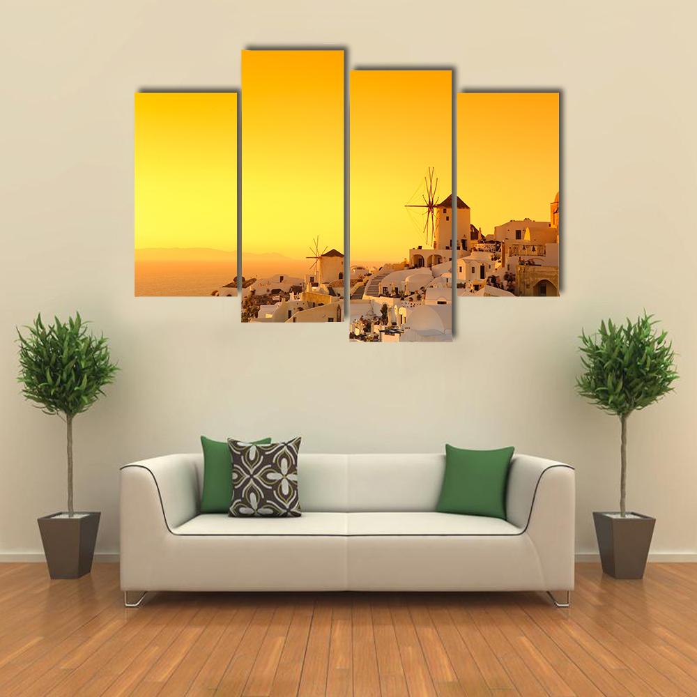 Sunset In Oia Village On Santorini Island Canvas Wall Art-4 Pop-Gallery Wrap-34" x 20"-Tiaracle