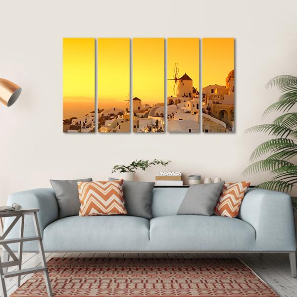 Sunset In Oia Village On Santorini Island Canvas Wall Art-5 Horizontal-Gallery Wrap-22" x 12"-Tiaracle