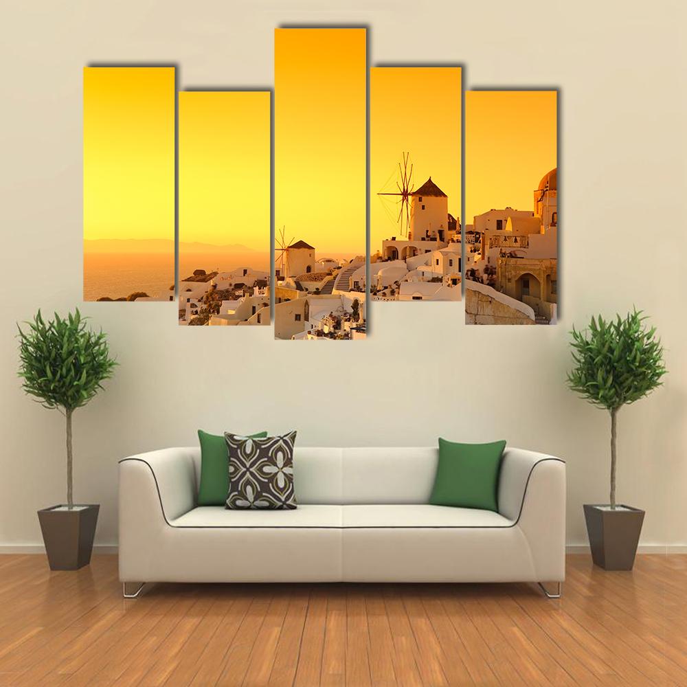 Sunset In Oia Village On Santorini Island Canvas Wall Art-5 Pop-Gallery Wrap-32" x 21"-Tiaracle