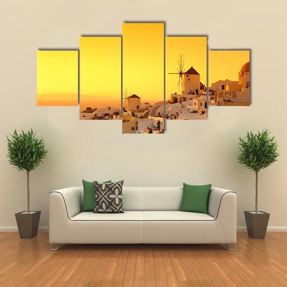 Sunset In Oia Village On Santorini Island Canvas Wall Art-5 Star-Gallery Wrap-42" x 21"-Tiaracle