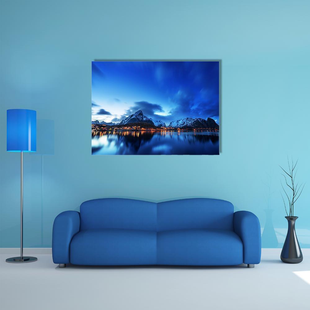 Sunset In Reine Village In Lofoten Islands Canvas Wall Art-1 Piece-Gallery Wrap-48" x 32"-Tiaracle