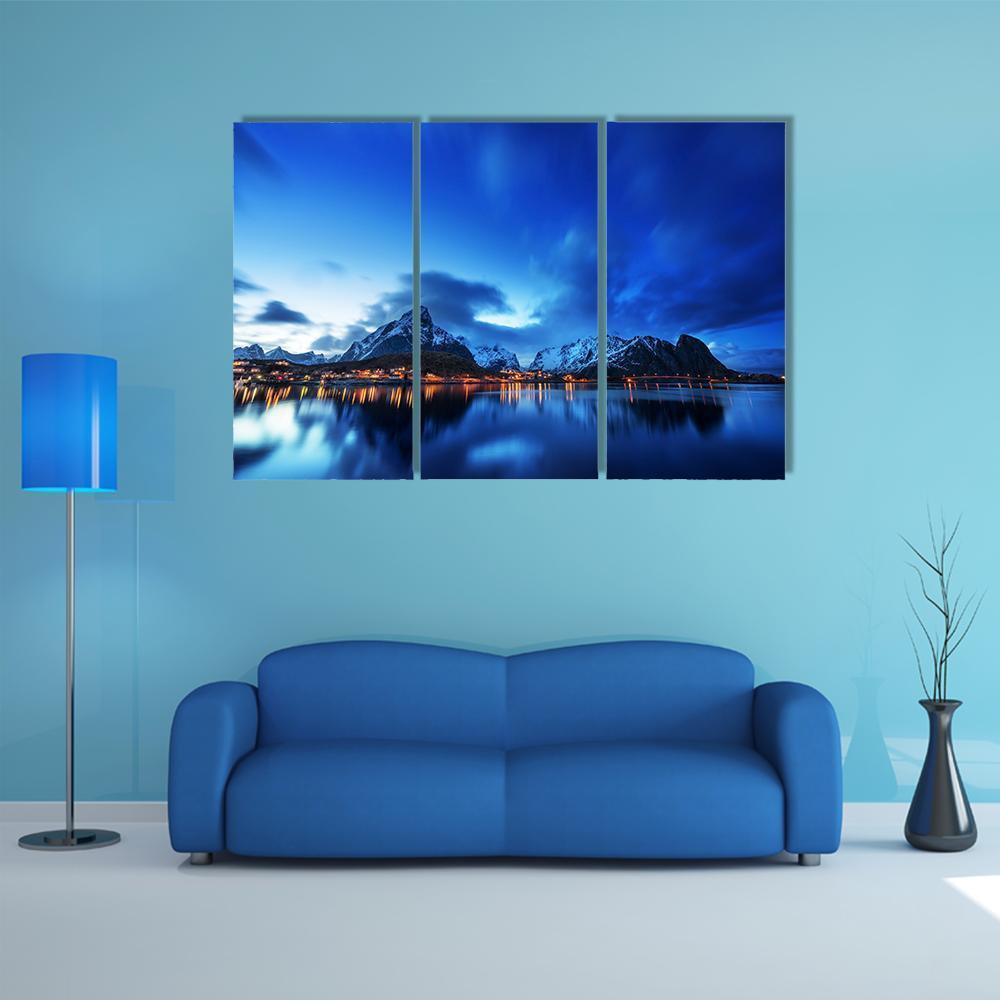 Sunset In Reine Village In Lofoten Islands Canvas Wall Art-3 Horizontal-Gallery Wrap-37" x 24"-Tiaracle