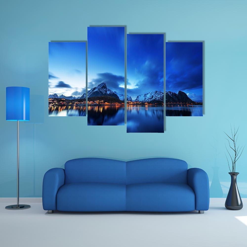 Sunset In Reine Village In Lofoten Islands Canvas Wall Art-4 Pop-Gallery Wrap-50" x 32"-Tiaracle
