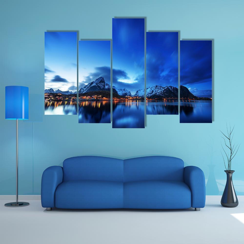 Sunset In Reine Village In Lofoten Islands Canvas Wall Art-5 Pop-Gallery Wrap-47" x 32"-Tiaracle