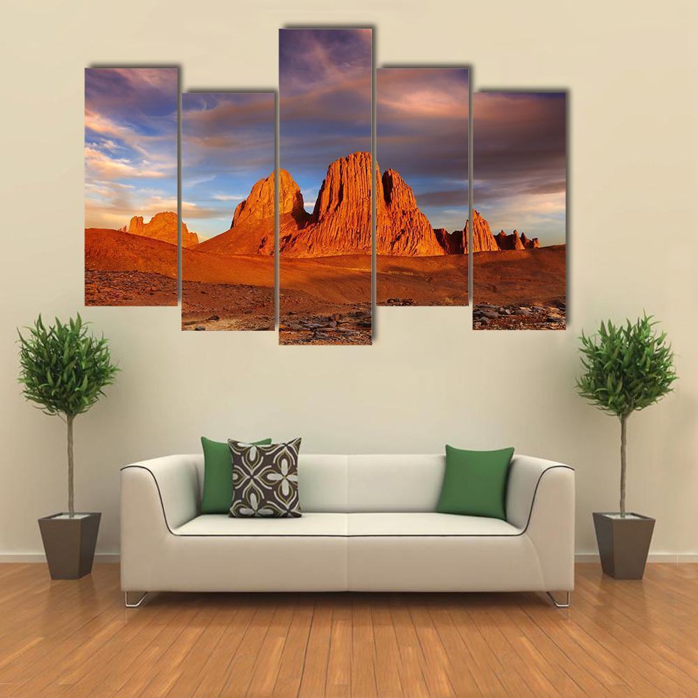 Sunset In Sahara Desert Canvas Wall Art-5 Pop-Gallery Wrap-47" x 32"-Tiaracle