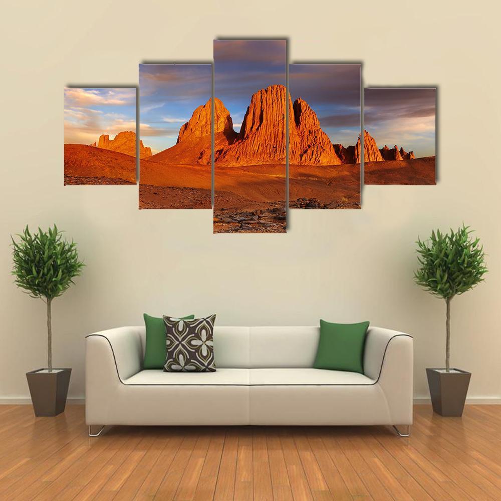 Sunset In Sahara Desert Canvas Wall Art-5 Star-Gallery Wrap-62" x 32"-Tiaracle
