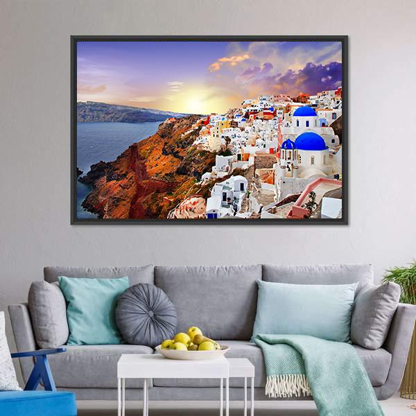 Sunset In Santorini Canvas Wall Art-5 Horizontal-Gallery Wrap-22" x 12"-Tiaracle
