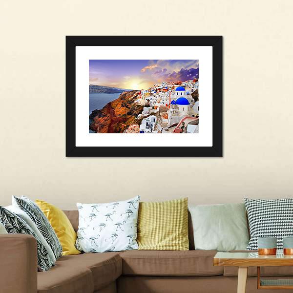 Sunset In Santorini Canvas Wall Art-5 Horizontal-Gallery Wrap-22" x 12"-Tiaracle