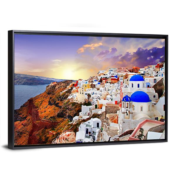 Sunset In Santorini Canvas Wall Art-5 Horizontal-Gallery Wrap-22" x 12"-Tiaracle