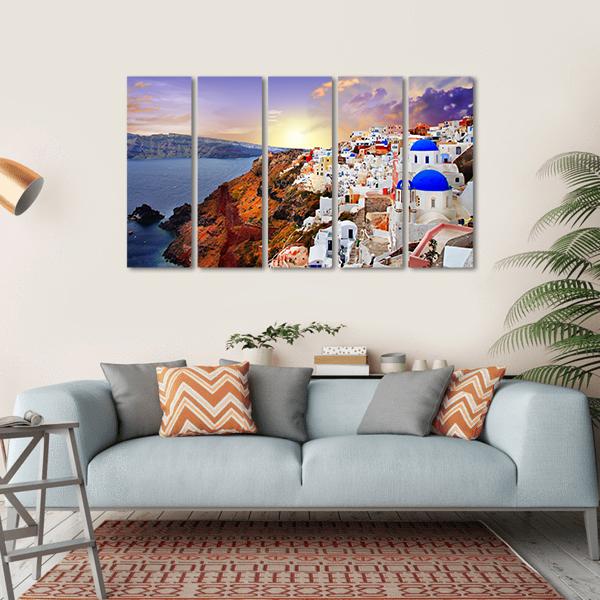 Sunset In Santorini Canvas Wall Art-5 Horizontal-Gallery Wrap-22" x 12"-Tiaracle