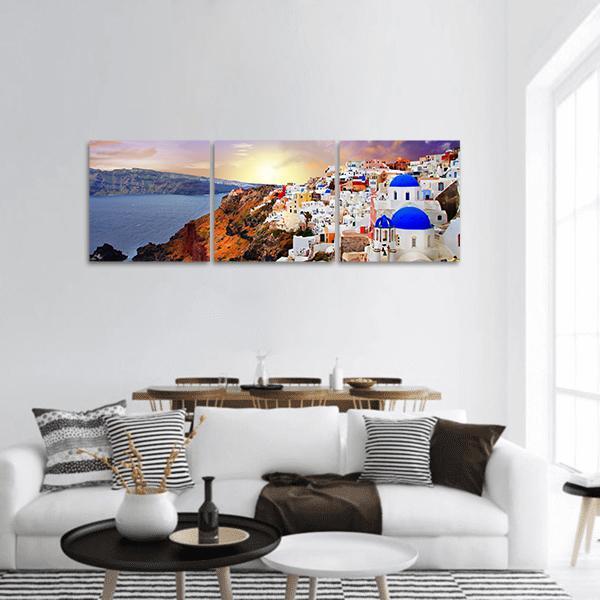 Sunset In Santorini Panoramic Canvas Wall Art-3 Piece-25" x 08"-Tiaracle