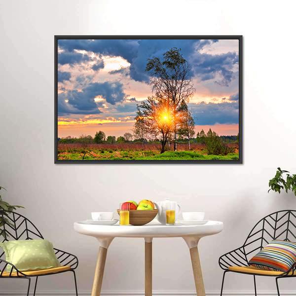 Sunset In Summer Field Canvas Wall Art-1 Piece-Floating Frame-36" x 24"-Tiaracle