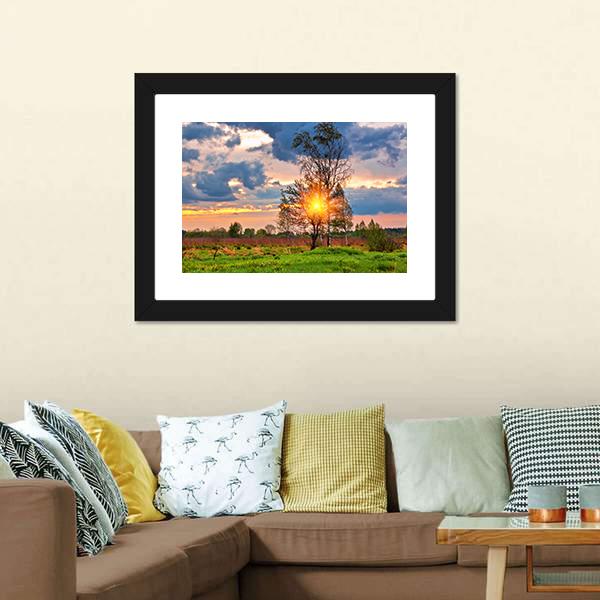 Sunset In Summer Field Canvas Wall Art-1 Piece-Framed Print-30" x 20"-Tiaracle