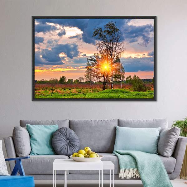 Sunset In Summer Field Canvas Wall Art-3 Horizontal-Gallery Wrap-25" x 16"-Tiaracle