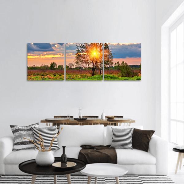 Tree at Sunset Over Summer Field Panoramic Canvas Wall Art in orange, green and blue, hung on a wall
