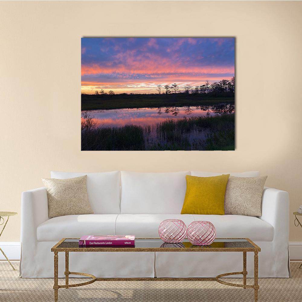 Sunset In Swamps Of Everglades Canvas Wall Art-1 Piece-Gallery Wrap-48" x 32"-Tiaracle