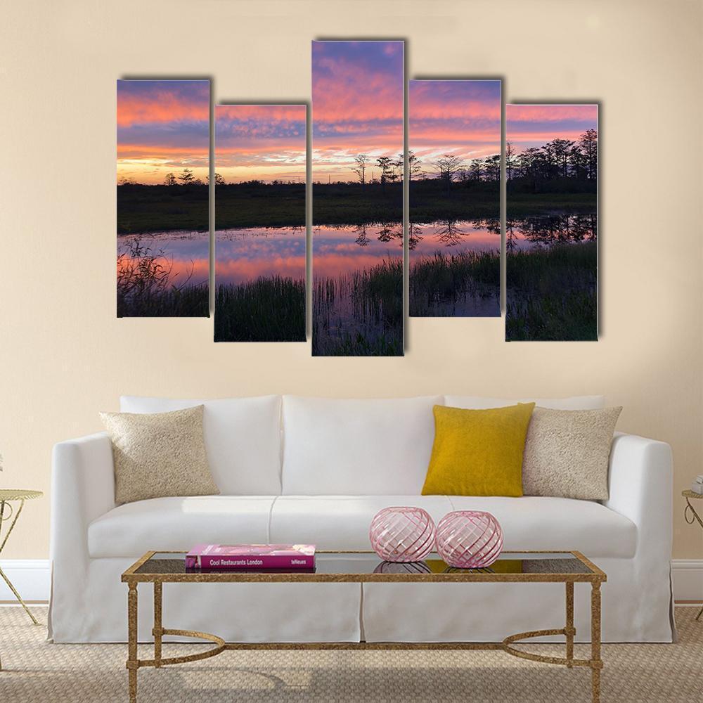 Sunset In Swamps Of Everglades Canvas Wall Art-5 Pop-Gallery Wrap-47" x 32"-Tiaracle